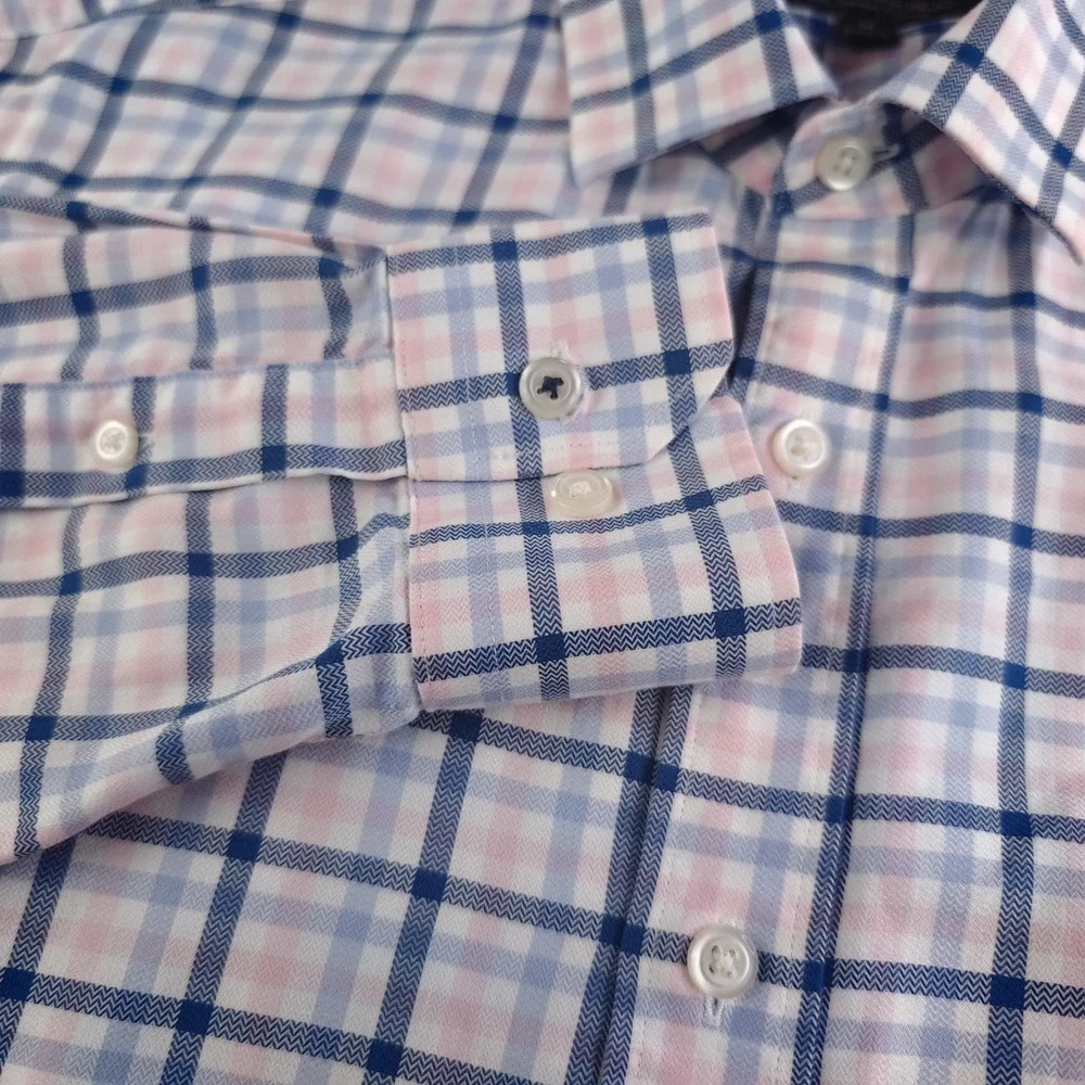 Banana Republic Shirt Mens Medium Camden Fit Pink Blue Plaid Long Sleeve Button
